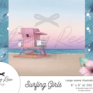 Beach Life Summer Scene illustratie Surfen Meisjes Californië Aquarel clipart Digitaal Commercieel gebruik Handgeschilderde Sticker graphics diy