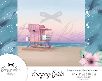 ビーチライフの夏の風景イラストサーフィンガールカリフォルニア水彩クリップアートデジタル商用利用手描きステッカーグラフィックdiy
