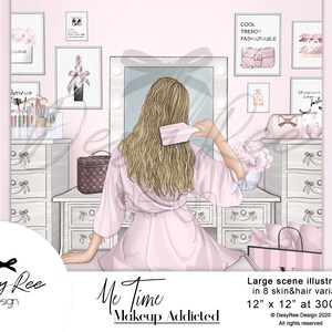 Puede incluir: Ilustración de una mujer cepillándose el pelo en un tocador de temática rosa. La habitación cuenta con arte enmarcado, un espejo con luces y una cómoda con maquillaje. El texto "Me Time Makeup Addicted" es visible.
