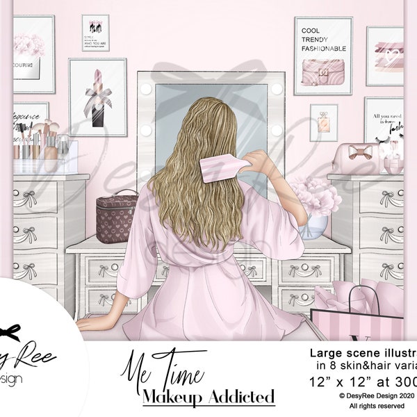 Me Time - Makeup Addicted Vanity Room Scene Illustration Beauty Routine - Light Dark Different Skin tones Planner Stickers Graphics DIY