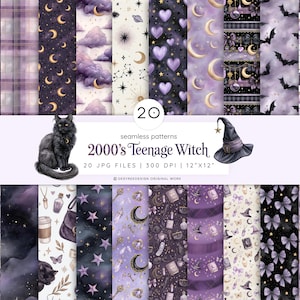 Witch Digital Paper Set, Halloween Spooky Bundle | Y2K Aesthetic, Goth Scrapbook, Instant Download, Dark Academia Seamless Pattern