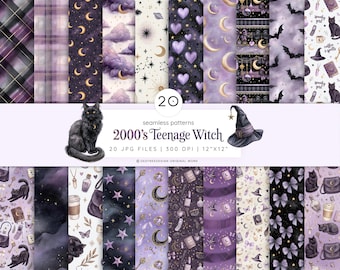 Witch Digital Paper Set, Halloween Spooky Bundle | Y2K Aesthetic, Goth Scrapbook, Instant Download, Dark Academia Seamless Pattern