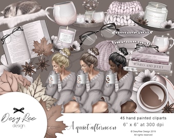 Una tarde tranquila Otoño Cliparts Pegatinas Planificador Moda Chica Clipart Ilustración Kit digital Uso comercial Acuarela Café Anís estrellado