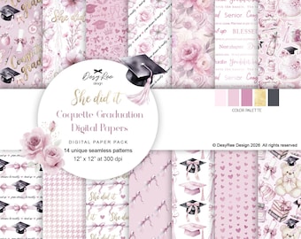 Graduation Seamless Pattern Bundle, Coquette Pink Digital Paper Pack, Watercolor Grad Background Class of 2026 Printable Scrapbook Paper jpg