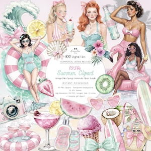 Può includere: Un pacchetto di clipart digitali con scene estive vintage degli anni '50. Le illustrazioni ad acquerello includono donne in costume da bagno, accessori da spiaggia e cibi come anguria e gelato. Il testo recita "1950s Summer Clipart".