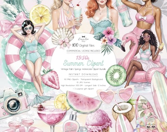 Retro 1950s Clipart Bundle, Pin Up Summer Girls PNG, Palm Springs Pool Party Clipart, Vintage Beach Sublimation Designs