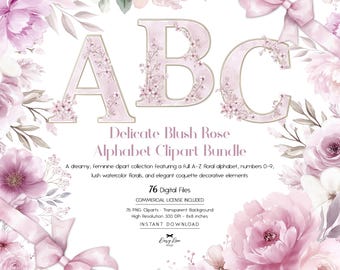 Pink Watercolor Alphabet Clipart Bundle, Coquette Floral Letters & Numbers PNG, Dusty Rose Letters, Bow Clipart, Scrapbooking Commercial Use