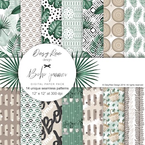 May include: A digital paper pack featuring 14 unique seamless patterns with a boho summer theme. The patterns include tropical leaves, geometric shapes, and abstract designs. Each pattern is 12" x 12" at 300 dpi. The design includes the text "Desy Ree design" and "Boho summer".
