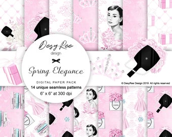 May include: A digital paper pack titled "Spring Elegance" featuring 14 unique seamless patterns. The designs include illustrations of Audrey Hepburn, crowns, dresses, perfume bottles, and gift boxes. The color palette is primarily pink and white, with black accents. Each paper is 6" x 6" at 300 dpi.