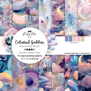 以下が含まれることがあります： 「Celestial Goddess」というタイトルのデジタルペーパーパック。14種類のユニークなシームレスパターンが特徴です。月、星、クリスタル、雲など、天体のテーマの水彩イラストがデザインされています。各パターンは30.48 cm x 30.48 cm、300 dpiで、カラーパレットが表示されています。