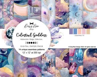 Könnte beinhalten: Ein digitales Papierpaket mit dem Titel "Celestial Goddess" mit 14 einzigartigen nahtlosen Mustern. Die Designs zeigen Aquarellillustrationen von Himmelsmotiven, darunter Monde, Sterne, Kristalle und Wolken. Jedes Muster ist 30,48 cm x 30,48 cm bei 300 dpi, mit einer Farbpalette.