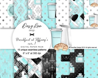 Breakfast at Tiffany's Digital Papers Ver 1 - Dark Skin Included - Audrey Hepburn movie Seamless Surface Patterns Hand Painted Stickers DIY