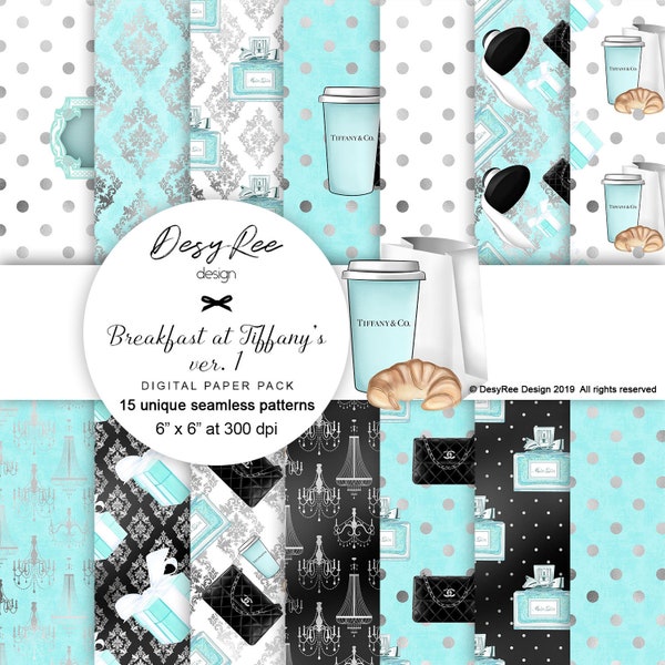 Breakfast at Tiffany's Digital Papers Ver 1 - Dark Skin Included - Audrey Hepburn movie Seamless Surface Patterns Hand Painted Stickers DIY