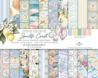 Amalfi Coast Digital Paper Pack, Italian Summer Watercolor Journal Scrapbook Paper, Majolica Mediterranean Seamless Patterns, Commercial Use