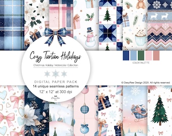 May include: A digital paper pack featuring 14 unique seamless patterns with a Christmas holiday theme. The patterns include tartan, gifts, snowmen, and winter scenes. Each pattern is 12" x 12" at 300 dpi. The color palette includes shades of blue, pink, and green.