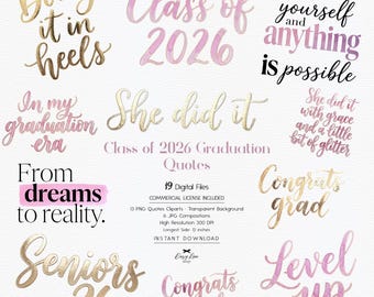 Graduation Quotes Clipart PNG Bundle, Class of 2026 Lettering, Coquette Grad Quote Sticker, She Did It, Commercial Use Digital Download jpg