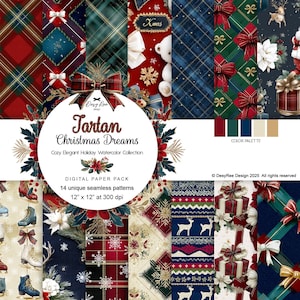 Puede incluir: Un paquete de papel digital con 14 patrones sin costuras con temática navideña. Los diseños incluyen tartán, lazos y motivos invernales. La paleta de colores incluye rojo, verde y dorado. El paquete mide 30.48 cm x 30.48 cm a 300 ppp.