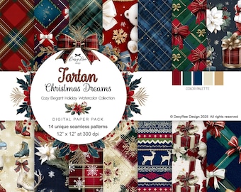 Tartan Christmas Dreams: Cozy Elegant Holiday Watercolor Digital Paper Pack - Red, Green, Blue Winter Xmas Commercial use Seamless Patterns