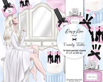 May include: Illustration of a vanity table set with a woman, a white dressing table, and various beauty items. Includes nail polish, perfume, high heels, and makeup brushes. The text reads "Vanity Table" and "14 hand painted cliparts 8" x 8" at 300 dpi."