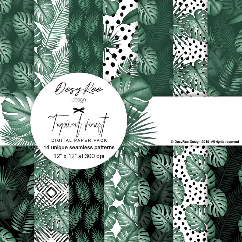 May include: Digital paper pack featuring 14 unique seamless patterns with tropical forest designs. The patterns include green monstera leaves, palm fronds, and polka dots. Each pattern is 12" x 12" at 300 dpi. The design is by Desy Ree.