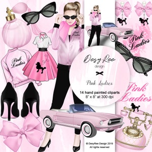Pink Ladies Cliparts 50&#39;s Hand Painted Illustration Vintage Dress Old Phone Grease Sunglasses Perfume Bottle Pink Jacket Bow Stickers DIY