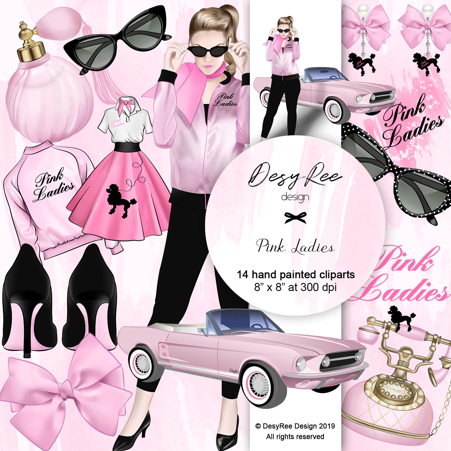 Pink Ladies Cliparts 50's Hand Painted Illustration Vintage Dress Old Phone  Grease Sunglasses Perfume Bottle Pink Jacket Bow Stickers DIY 