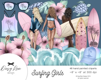 May include: Digital illustration featuring surfing girls, surfboards, and tropical elements. The image includes sunglasses, a tank top, a baseball cap, and hibiscus flowers. The text "Surfing Girls" is displayed at the bottom.