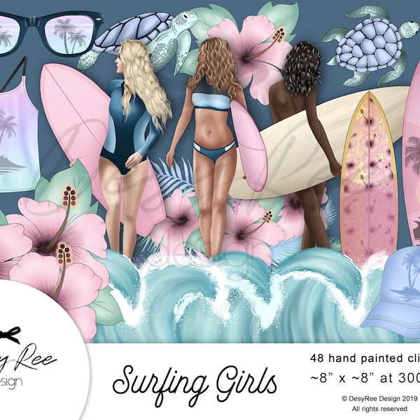 Surfing Girls fashion illustration Watercolor clipart Digital Beach life Summer Dark Skin Commercial use Clip Art Waves Sticker graphics