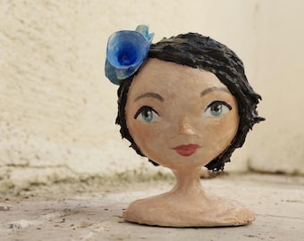 Paper Mache art doll, Girl bust with blue flowers