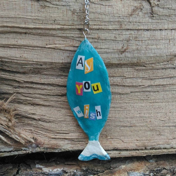 Collier poisson bleu, Pendentif poisson fait main, Poisson Papier mâché, bijoux animal peint main, Cadeau d'anniversaire, Cadeau pour elle