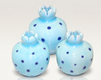 Handmade Ceramic Pomegranate Set of 3, Blue Turkish Decor, Blueberry Style Figurines, Housewarming Gift, Boho Shelf Decor, Mom Gift,Timeless