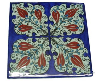 Turkish Ceramic Tile 20x20cm 8x8in, Made to Order Iznik Tulip Wall Tile, Choose Your Design, Handmade Ottoman Kitchen Backsplash Art