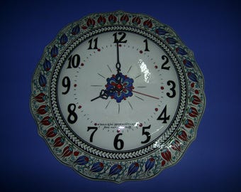 Turkish Ceramic Wall Clock 12 inch, Made to Order Iznik Tulip Design, Choose Latin or Arabic Numerals, Handmade Kitchen Decor Gift