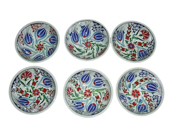 Turkish Ceramic Bowl Set of 6, Made to Order Iznik Mini Bowls 10cm 4in, Choose Your Colors, Handmade Snack Dish Set, Hostess Gift