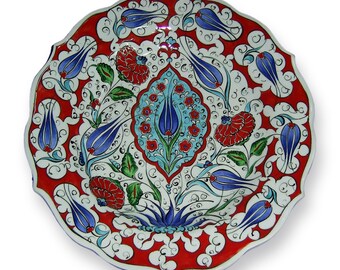 Coral Red Iznik Wall Plate 30cm 12 inch, Made to Order Turkish Pottery, Hand Painted Ottoman Tulips, Choose Design, Housewarming Gift
