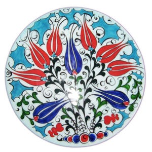 Può includere: Un piatto rotondo in ceramica con un motivo floreale dipinto a mano che presenta tulipani rossi e blu, foglie verdi e steli neri intrecciati su sfondo bianco. Il design include accenti turchesi e un bordo di piccoli motivi circolari rossi e blu.