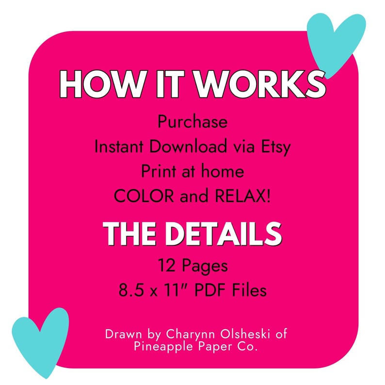 Może przedstawiać: Jasnor&oacute;żowy kwadrat z zaokrąglonymi rogami zawiera biały tekst opisujący produkt cyfrowy. Tekst zawiera "HOW IT WORKS", "COLOR and RELAX!" i "THE DETAILS". Opisuje 12 stron plik&oacute;w PDF o wymiarach 21,6 x 27,9 cm.