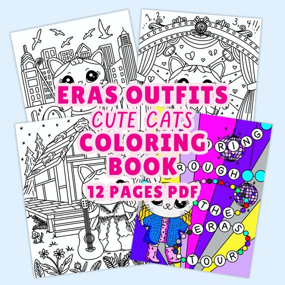 Eras Tour Cat Coloring Book: Kawaii Outfits (Digital Download)