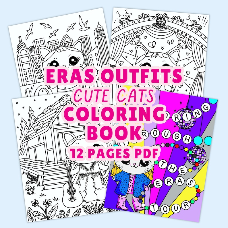 Może przedstawiać: Cztery strony kolorowanki z ilustracjami kot&oacute;w. Tekst na stronach brzmi "ERAS OUTFITS CUTE CATS COLORING BOOK 12 PAGES PDF" i "THE ERAS TOUR". Ilustracje obejmują pejzaże miejskie, ustawienia sceniczne i kota z gitarą.