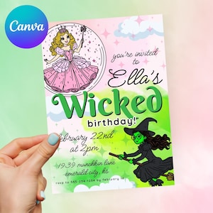 Wicked Geburtstagseinladung bearbeitbare Canva-Vorlage, Elphaba, Glinda, rosa und grüner Geburtstag, personalisierte Geburtstagseinladung, DIY Geburtstag