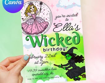 以下が含まれることがあります： 緑とピンクの誕生日招待状で、魔女とプリンセスの漫画の画像が描かれています。招待状には「エラのかわいい誕生日パーティーへようこそ！」と書かれており、パーティーの日時と場所が記載されています。