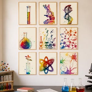 May include: Nine framed watercolor prints of science-themed illustrations. The prints depict a test tube, microscope, DNA strand, flask, beakers, molecular structure, plant in a vase, atom, and neuron. The prints are in a variety of colors.