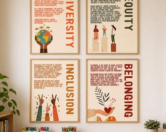 Poster DEIB / Set di poster per bacheche su diversità, equità, inclusione e appartenenza / Materiali digitali stampabili per classi con diverse abilità e inclusività
