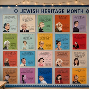 May include: A bulletin board display for Jewish Heritage Month. It features colorful posters with quotes and portraits of notable figures. The posters are arranged on a blue background with decorative elements, including a Star of David and string lights.