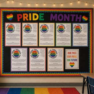Puede incluir: Un gran tablón de anuncios titulado PRIDE MONTH con un borde arcoíris. Incluye ocho carteles informativos clasificados por décadas, desde los años 50 hasta los 2020, además de un cartel que dice OUR PAST. OUR PRIDE. OUR FUTURE. con un corazón arcoíris.