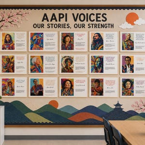 May include: A large bulletin board titled AAPI VOICES OUR STORIES, OUR STRENGTH featuring fifteen framed portraits of notable individuals with biographical text. The board has a decorative border of stylized mountains, a sun, and cherry blossoms.