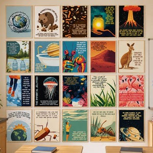 May include: A classroom wall displays a collection of educational posters with science-themed illustrations and text. The posters feature various topics, including the earth, animals, and scientific facts. A whiteboard with "SCIENCE IS AWESOME!" is also visible.