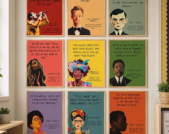 May include: A set of framed art prints with motivational quotes and portraits of famous people. The prints feature various colours and designs, with white text. The collection includes quotes from Alan Turing, Frida Kahlo, and others. The theme is inspirational and artistic.