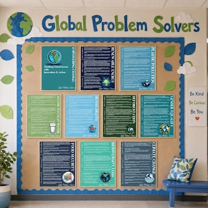 Könnte beinhalten: Eine große Pinnwand mit der Überschrift Global Problem Solvers und elf Informationstafeln zu Themen wie erneuerbare Energien, Plastikverschmutzung und Klimawandel. Die Tafel hat einen beigen Hintergrund, einen blauen Wellenrand und Blattausschnitte.