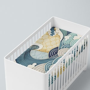 Surf Nursery Decor Crib Sheet | Surfing Ocean Theme Baby Room | Fitted Crib Sheet Shower Gift | Ocean Waves Boy Girl Bedding for Crib Gifts